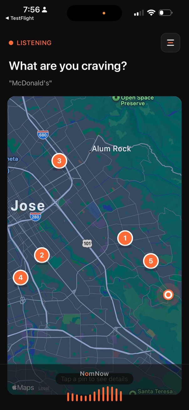 NomNow map view showing McDonald's locations