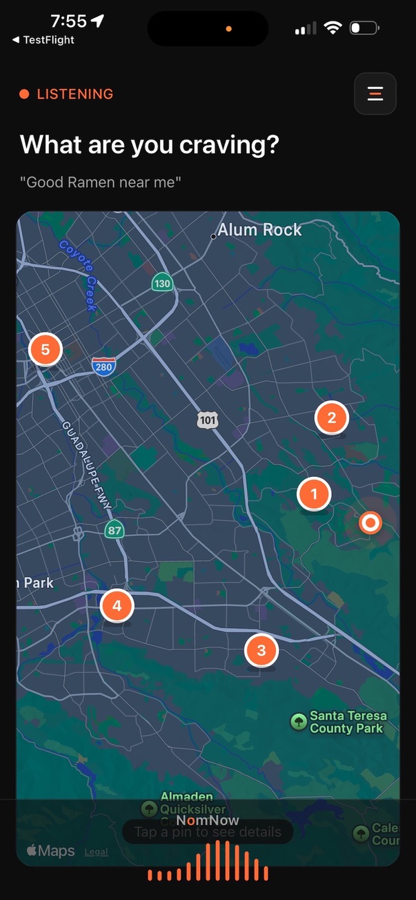 NomNow map view showing ramen restaurants