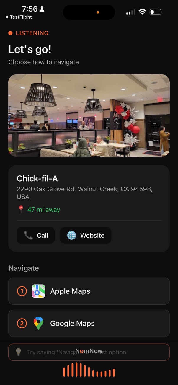 NomNow navigation screen with Apple Maps and Google Maps