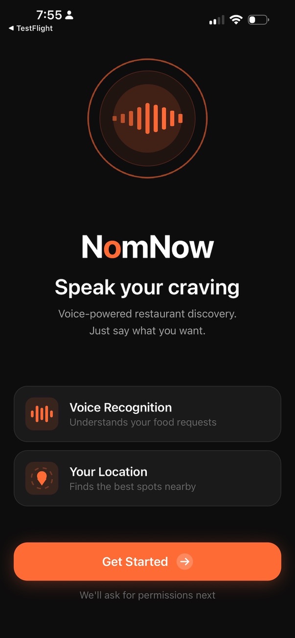 NomNow welcome screen